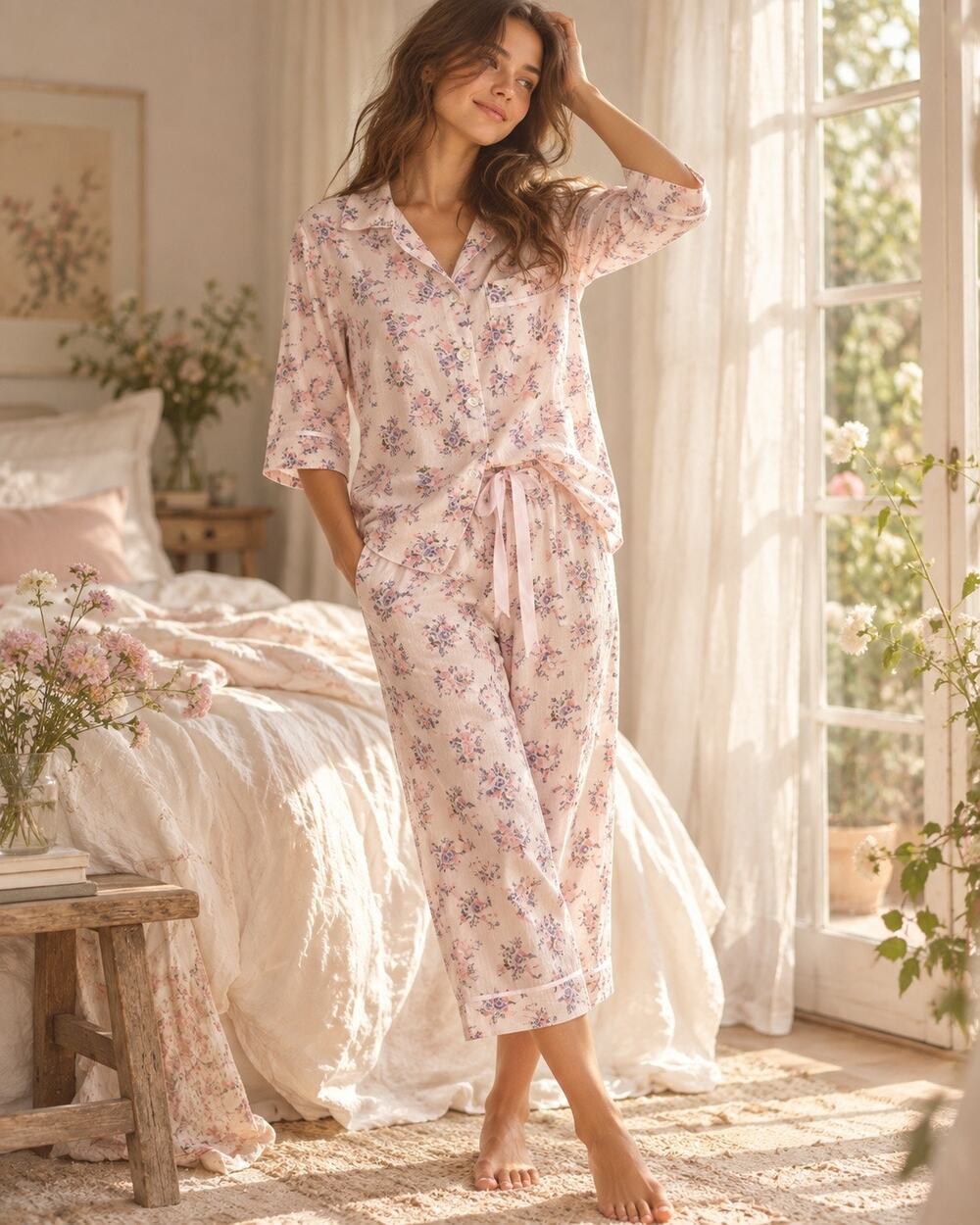 Papinelle Pink Floral Silk Cotton Pajama Set XS | 2-Piece Lounge Set $140